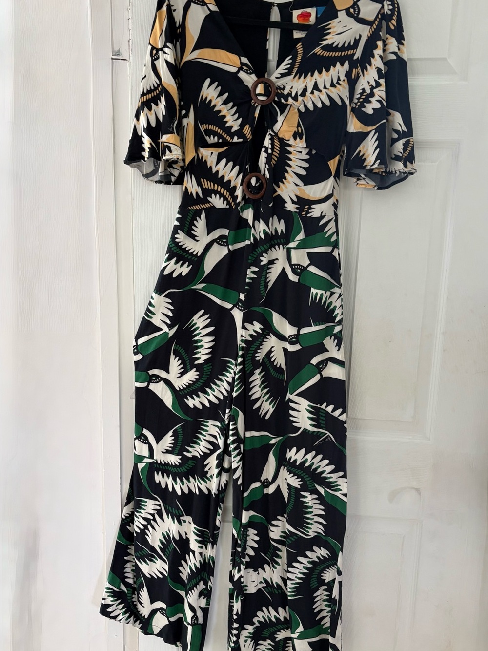 Farm Rio for Anthropology ladies Black Printed Jumpsuit with Green & Cream motif